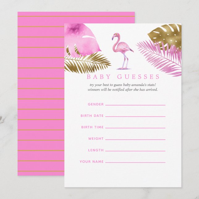 Invitation Flamant rose rose et or Baby shower bébé Guesses (Devant / Derrière)