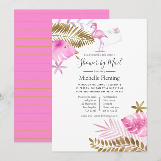 Invitation Flamant rose rose et or Mariée ou Baby shower par  (Devant / Derrière)