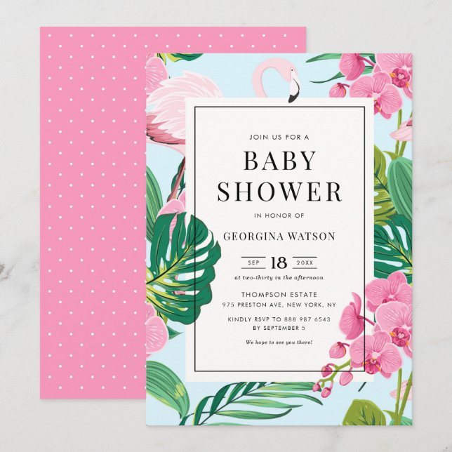 Invitation Flamant rose rose et orchidées Baby shower tropica (Devant / Derrière)