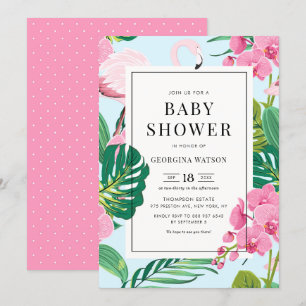 Invitation Flamant rose rose et orchidées Baby shower tropica