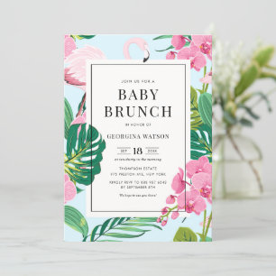 Invitation Flamant rose rose et orchidées Tropical Baby Brunc