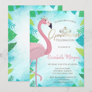 Invitation Flamant rose rose feuille tropicale Quinceañera ét