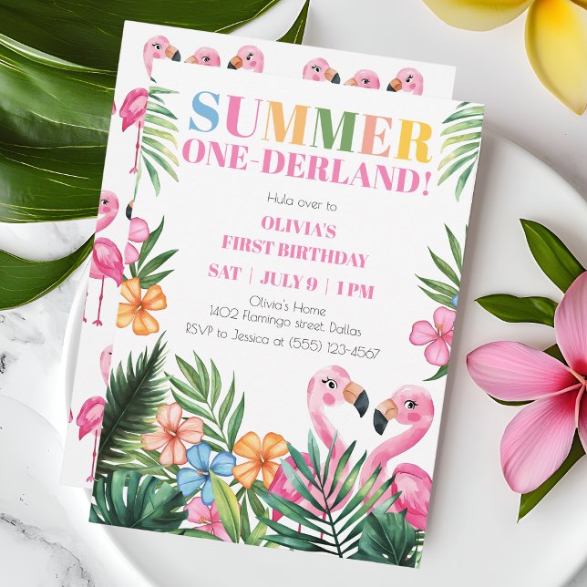 Invitation Flamant rose rose Onederland Été 1er anniversaire  (Pink Flamingo Onederland Summer 1st Birthday Party Invitation)