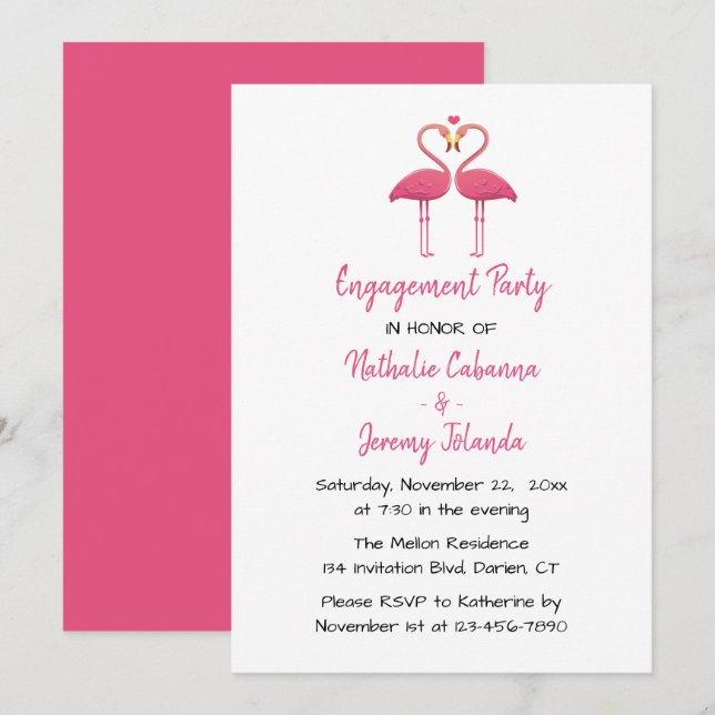 Invitation Flamant rose rose Parti d'engagement Plage tropica (Devant / Derrière)