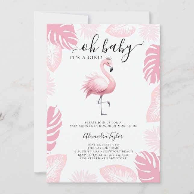 Invitation Flamant rose rose Tiara Baby shower de fille à feu (Devant)