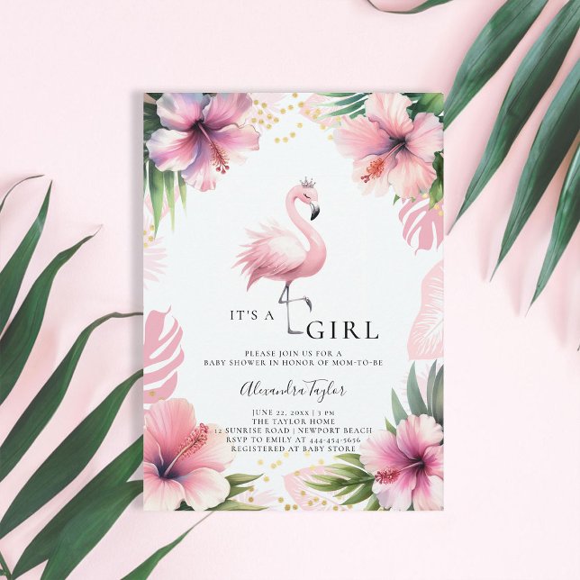 Invitation Flamant rose rose Tiara Bold Baby shower de fille  (pink flamingo baby girl shower invitation hibiscus tropical floral palm leaf watercolor gold elegant)