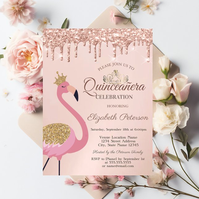 Invitation Flamant rose rose, Tiara, Rose gouttes d'or Quince (Créateur téléchargé)
