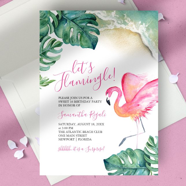 Invitation Flamant rose rose tropical 16e fête d'anniversaire (birthday party sweet 16 tropical luau pink flamingo green monstera palm leaves ocean waves)