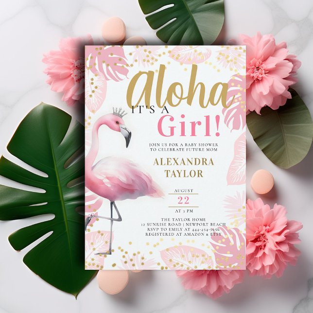 Invitation Flamant rose rose Tropical Aloha Baby shower fille (pink flamingo baby girl shower invitation summer tropical foliage gold tiara aloha hawaii elegant)