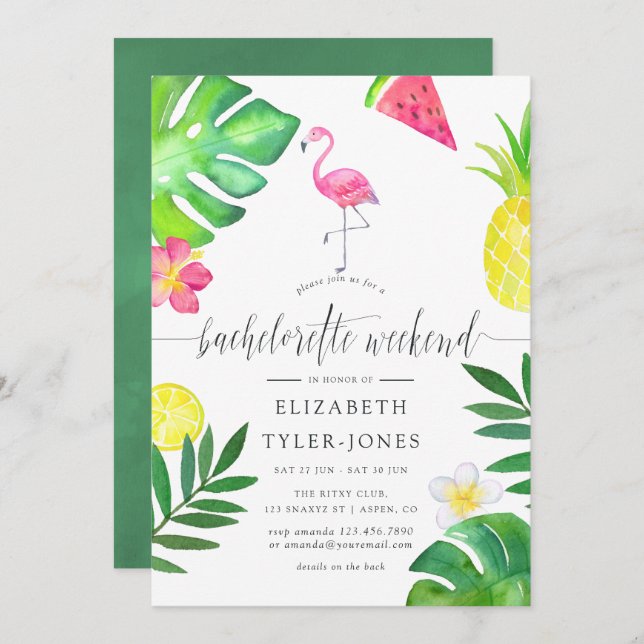 Invitation Flamant rose rose Tropical Exotic Bachelorette Wee (Devant / Derrière)
