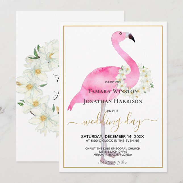 Invitation Flamant rose rose tropical Magnolias Beach Mariage (Devant / Derrière)