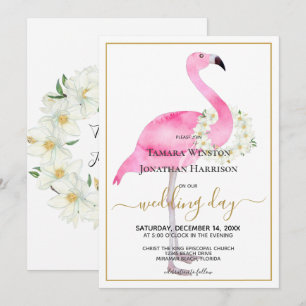 Invitation Flamant rose rose tropical Magnolias Beach Mariage