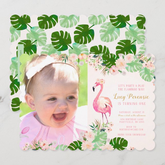 Invitation Flamant rose rose tropical Photo Anniversaire Invi (Devant / Derrière)