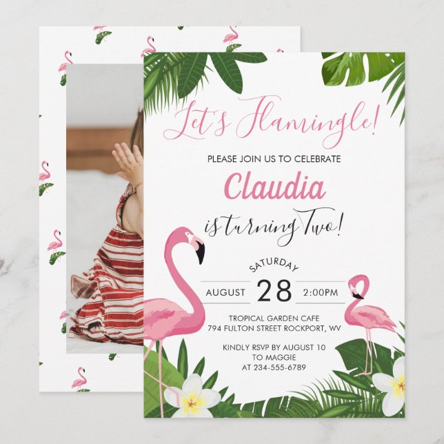 Invitation Flamant rose rose tropical Photo Anniversaire Invi (Devant / Derrière)