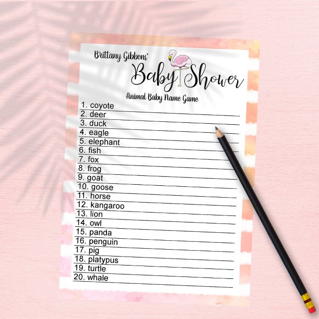 Invitation Flamant rose Stripes Baby shower Animal Baby Name  (Créateur téléchargé)