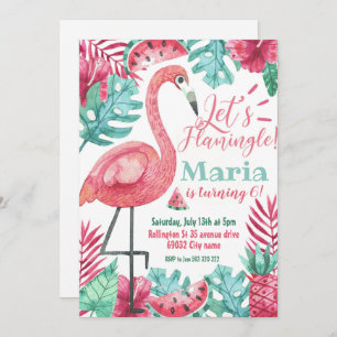 Invitation Flamant rose Tropical Anniversaire Flamingle