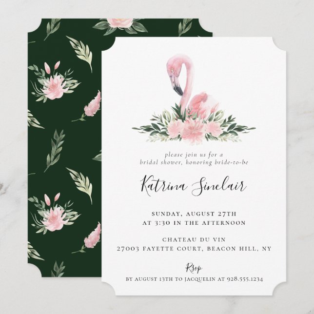 Invitation Flamant rose tropical Aquarelle Fête de l'mariée f (Devant / Derrière)