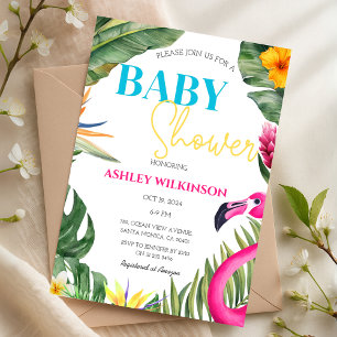 Invitation Flamant rose tropical Baby shower floral d'été