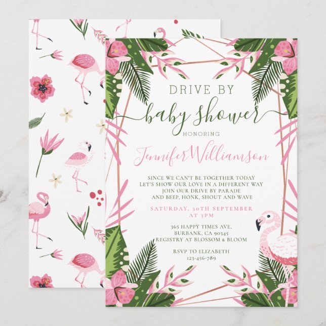 Invitation Flamant rose Tropical Conduit Par Baby shower (Devant / Derrière)