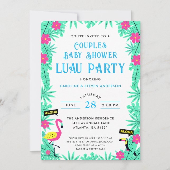 Invitation Flamant rose tropical Couples Baby shower Luau Blu (Devant)
