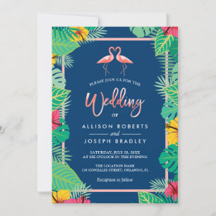 Invitation Flamant rose tropical Couples Mariage bleu marine
