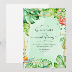 Invitation Flamant rose Tropical Exotique Géométrique Quincea