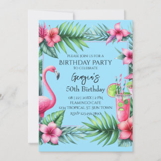 Invitation Flamant rose tropical fête d'anniversaire