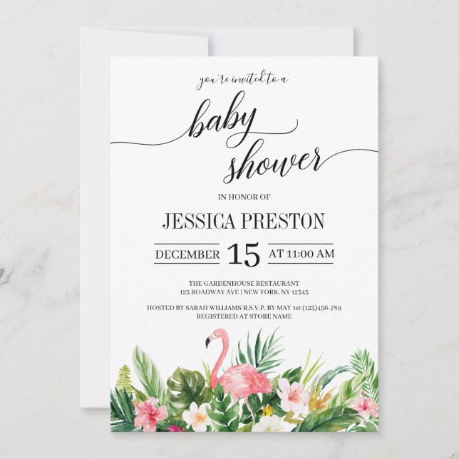 Invitation Flamant rose tropical Feuille Baby shower de scrip (Devant)