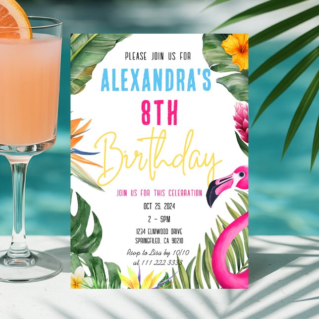 Invitation Flamant rose tropical Floral Girl Luau Anniversair (Tropical Flamingo Floral Girl Luau Kids Birthday Invitation)