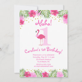 Invitation Flamant rose tropical Luau 1er anniversaire fille