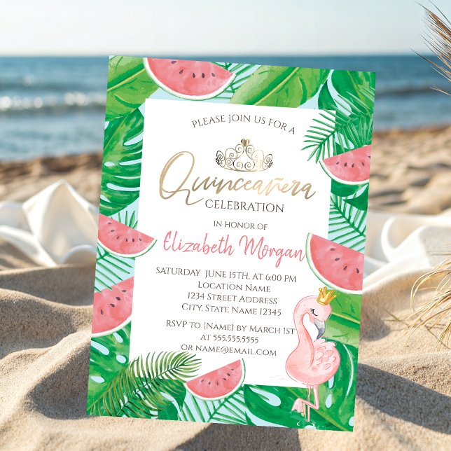 Invitation Flamant Rose Tropical Palmier Pastèque (Créateur téléchargé)