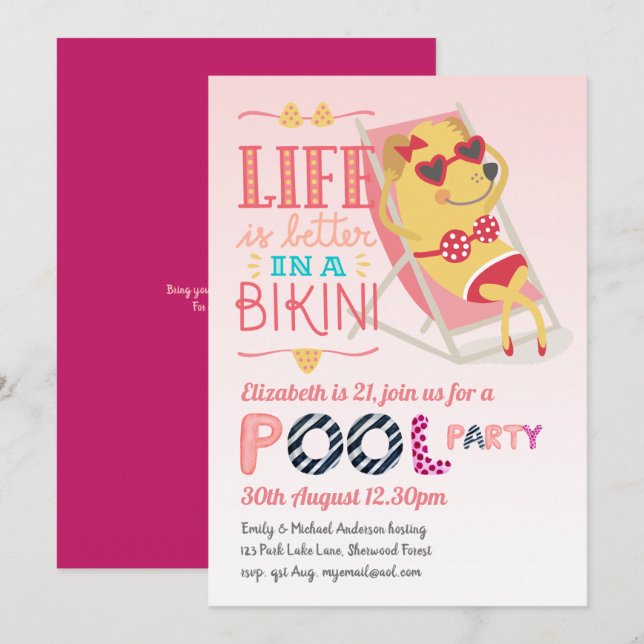 Invitation Flamant rose tropical PISCINE FÊTE Bikini rose Fil (Devant / Derrière)