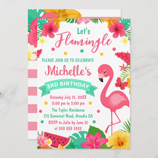 Invitation Flamant rose Tropical pour enfants mignon Annivers (Devant / Derrière)