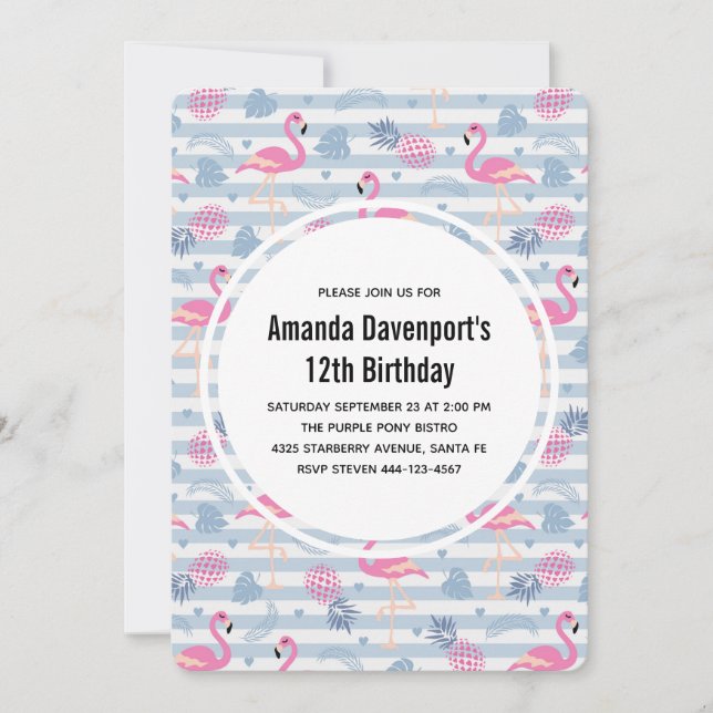 Invitation Flamant rose Whimsical et ananas Motif Anniversair (Devant)