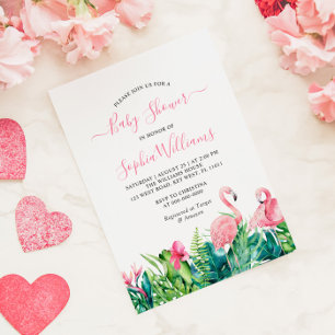 Invitation Flamants roses Baby shower de fleurs rose tropical