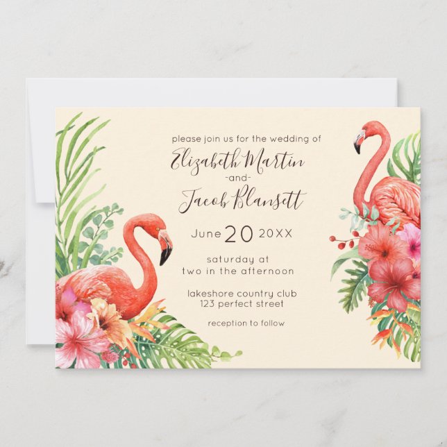 Invitation Flamants roses d'aquarelle tropicale et Mariage d' (Devant)