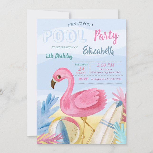 Invitation Flamants roses de fête de la piscine fête d'annive (Devant)