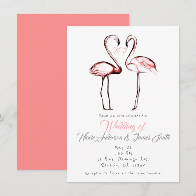 Invitation Flamants roses rose Pêche Flamant rose Mariage élé (Devant / Derrière)
