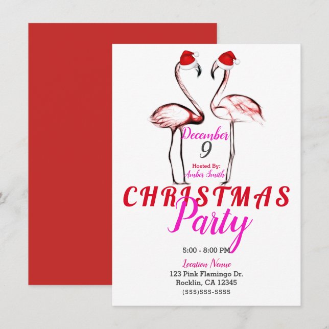 Invitation Flamants roses roses à la fête de Noël de Santa Ha (Devant / Derrière)