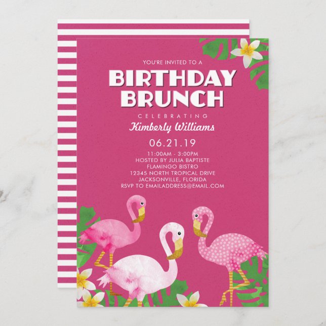 Invitation Flamants roses roses Brunch Fuchsia (Devant / Derrière)