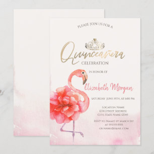 Invitation Flamants roses roses floraux Gold Tiara Quinceañer