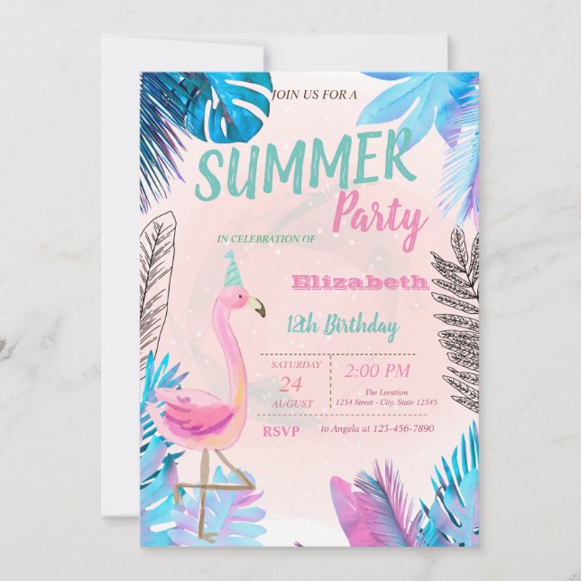 Invitation Flamants roses roses mignonettes bleu feuille de p (Devant)