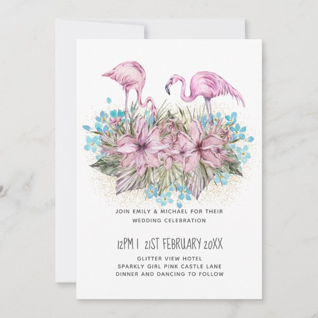 Invitation Flamants roses rouillants Mariage de plage tropica (Devant)