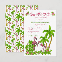 Invitation Flamants roses tropicaux et fleurs Enregistrer la 