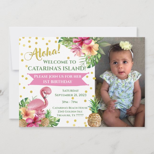 Invitation Flamants roses tropicaux Photo Anniversaire (Devant)