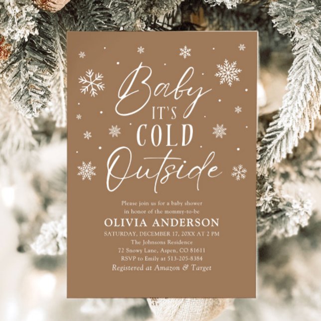 Invitation Flambeau de neige Brown bébé Il fait froid Baby sh (Brown Snowflake Baby It's Cold Outside Baby Shower Invitation)