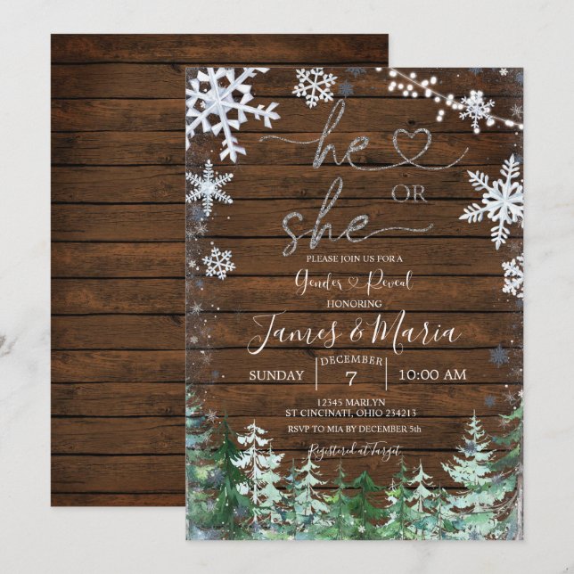 Invitation Flambeau de neige de la forêt de bois Révéler son  (Devant / Derrière)