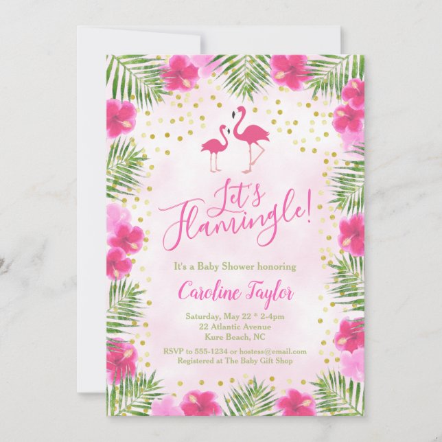 Invitation Flamingle Baby shower floral rose tropical (Devant)