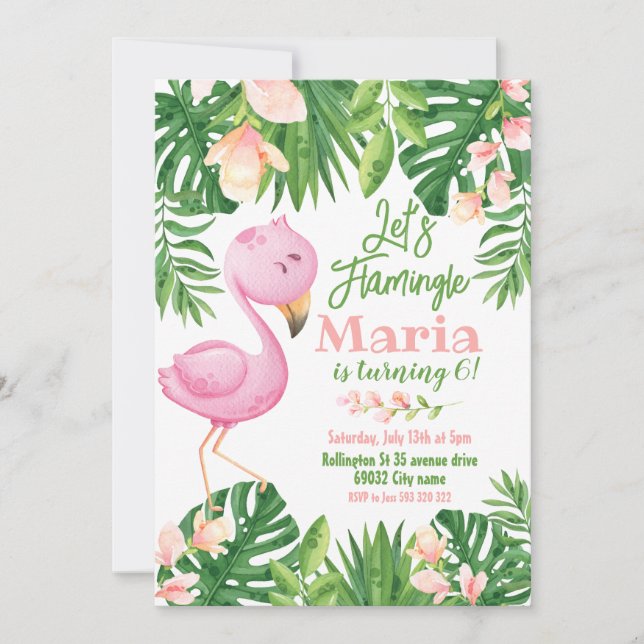 Invitation Flamingle Flamant rose tropical Anniversaire de en (Devant)