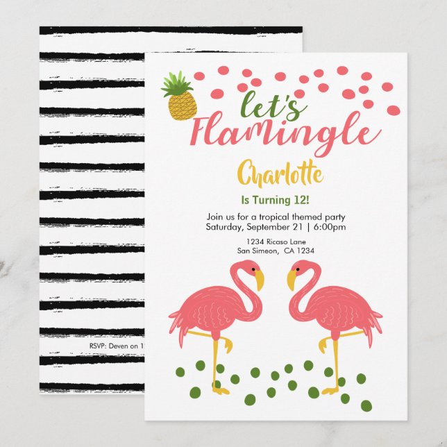 Invitation Flamingle Flamant rose Tropical Rose Anniversaire (Devant / Derrière)